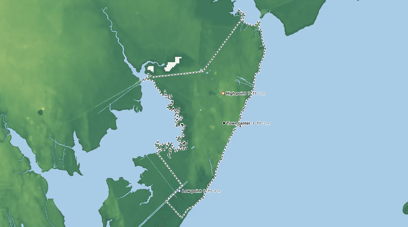 Topographic elevation map of Davis, North Carolina, shaded from sea level level on Jarret Bay to 7 ft on the north side