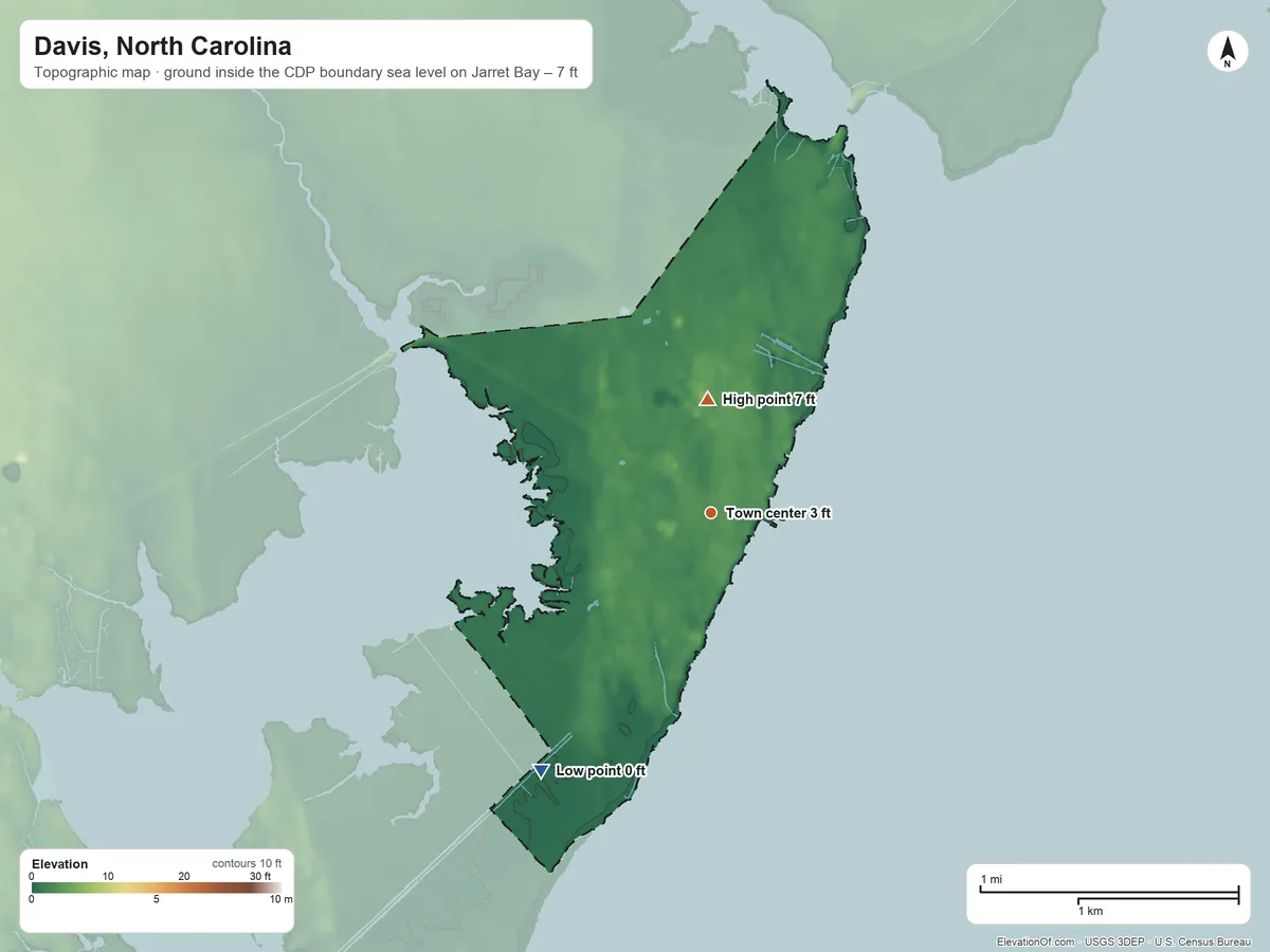Topographic elevation map of Davis, North Carolina, shaded from sea level level on Jarret Bay to 7 ft on the north side