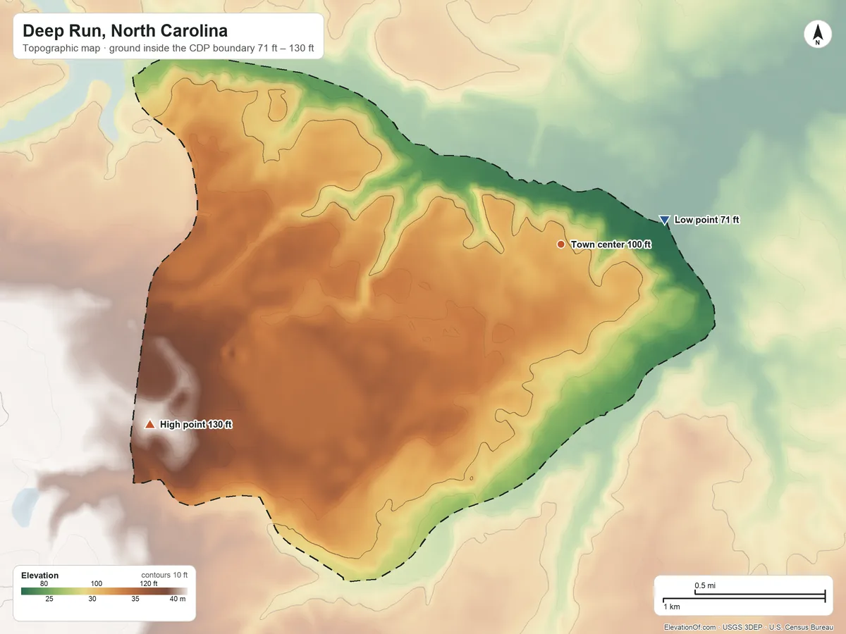 Topographic elevation map of Deep Run, North Carolina, shaded from 71 ft on the east side to 130 ft on the southwest side