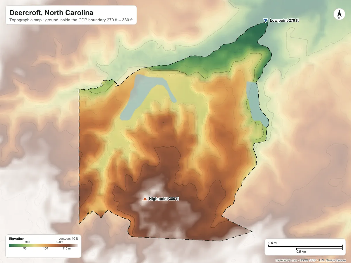 Topographic elevation map of Deercroft, North Carolina, shaded from 270 ft on the northeast side to 380 ft on the southwest side