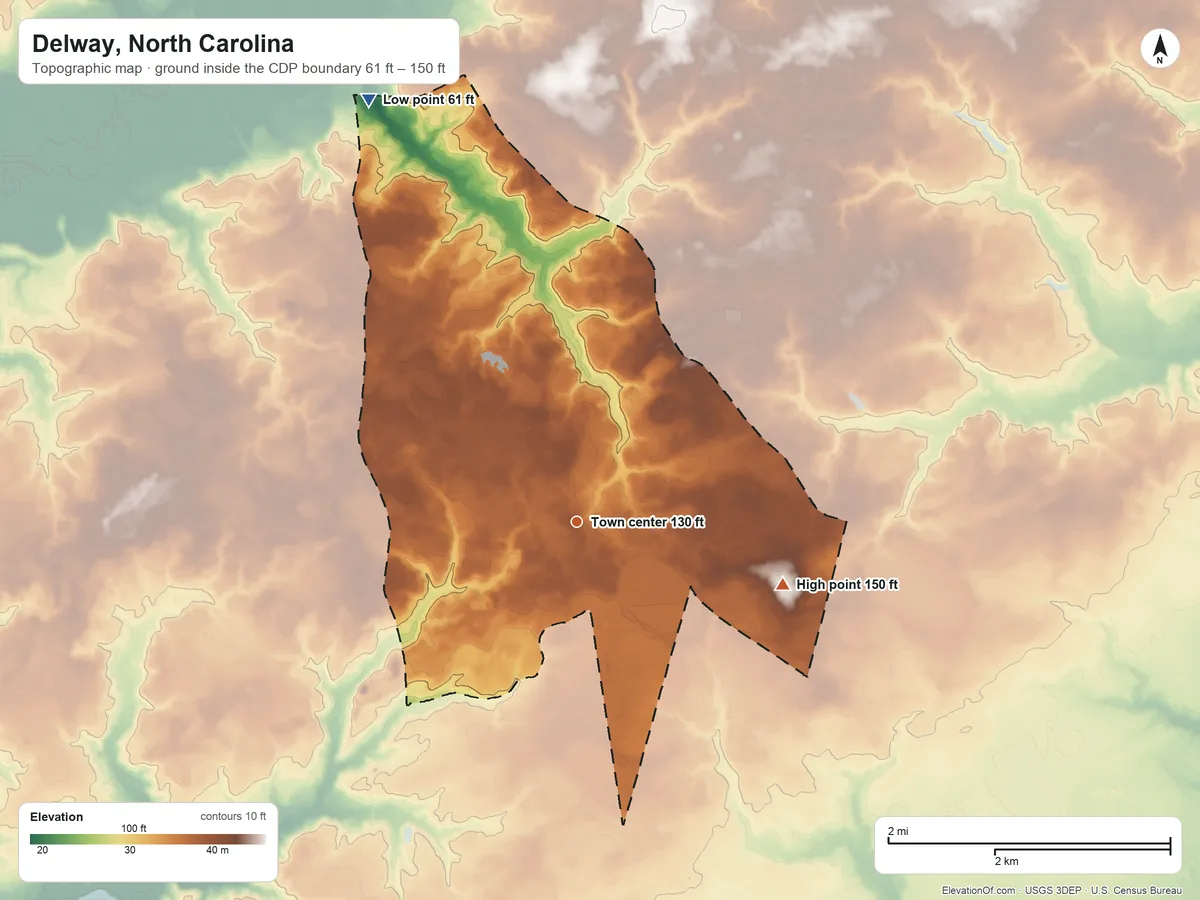 Topographic elevation map of Delway, North Carolina, shaded from 61 ft on the northwest side to 150 ft on the east side