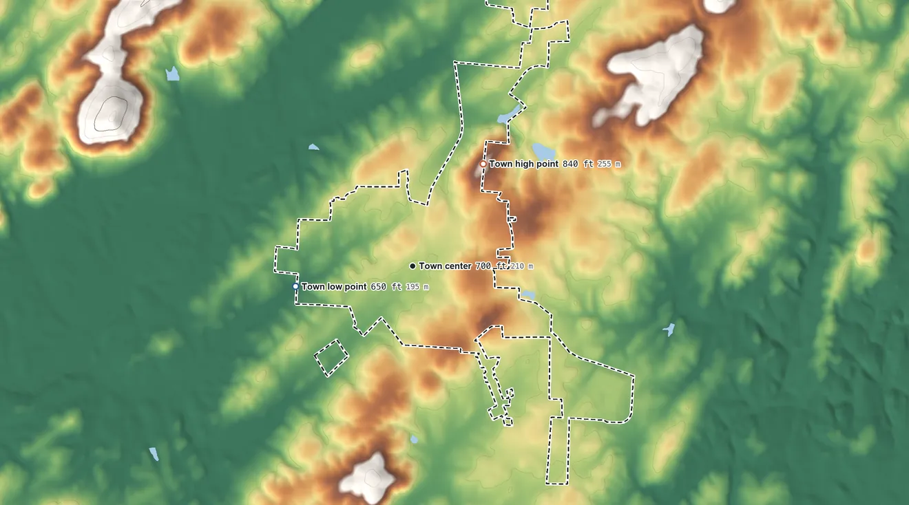 Topographic elevation map of Denton, North Carolina, shaded from 650 ft on the west side to 840 ft on the northeast side