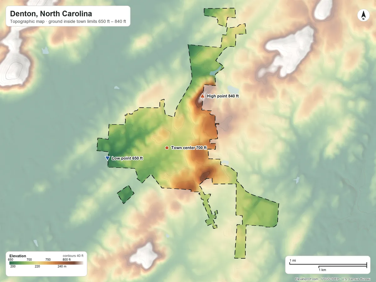 Topographic elevation map of Denton, North Carolina, shaded from 650 ft on the west side to 840 ft on the northeast side