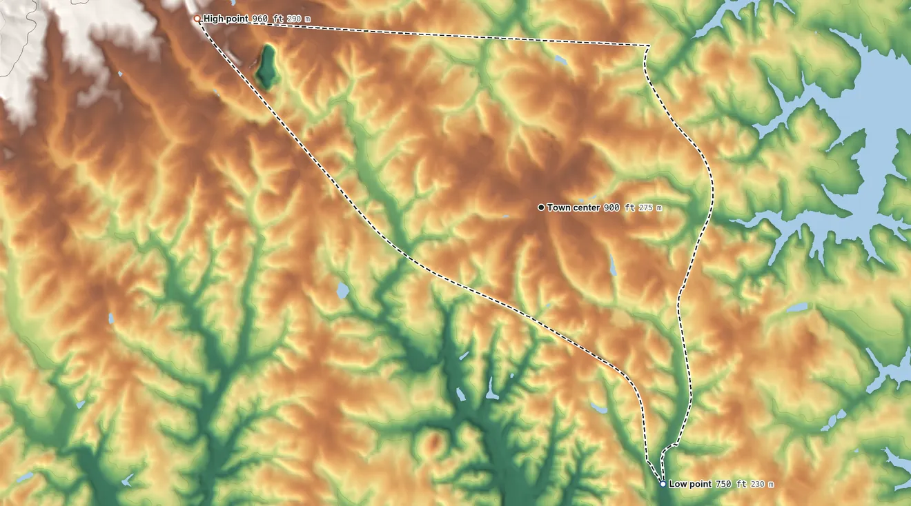 Topographic elevation map of Denver, North Carolina, shaded from 750 ft on the southeast side to 960 ft on the northwest edge, below higher ground just outside
