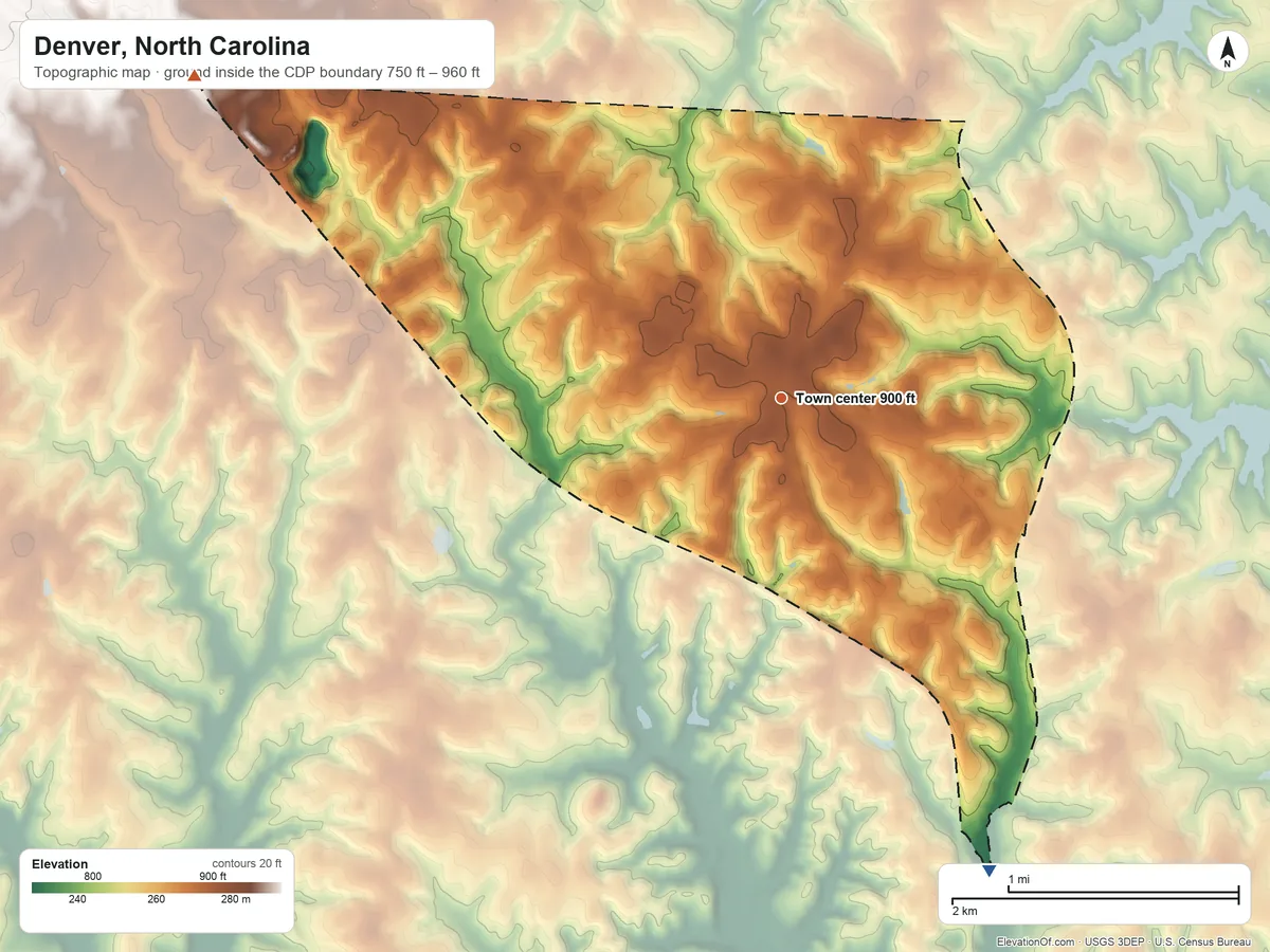 Topographic elevation map of Denver, North Carolina, shaded from 750 ft on the southeast side to 960 ft on the northwest edge, below higher ground just outside
