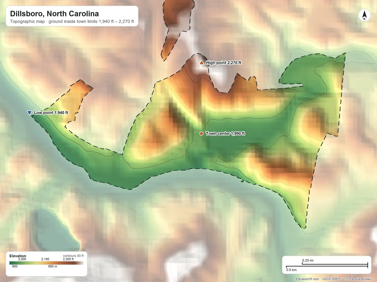 Topographic elevation map of Dillsboro, North Carolina, shaded from 1,940 ft on the west side to 2,270 ft at the foot of the Great Balsam Mountains
