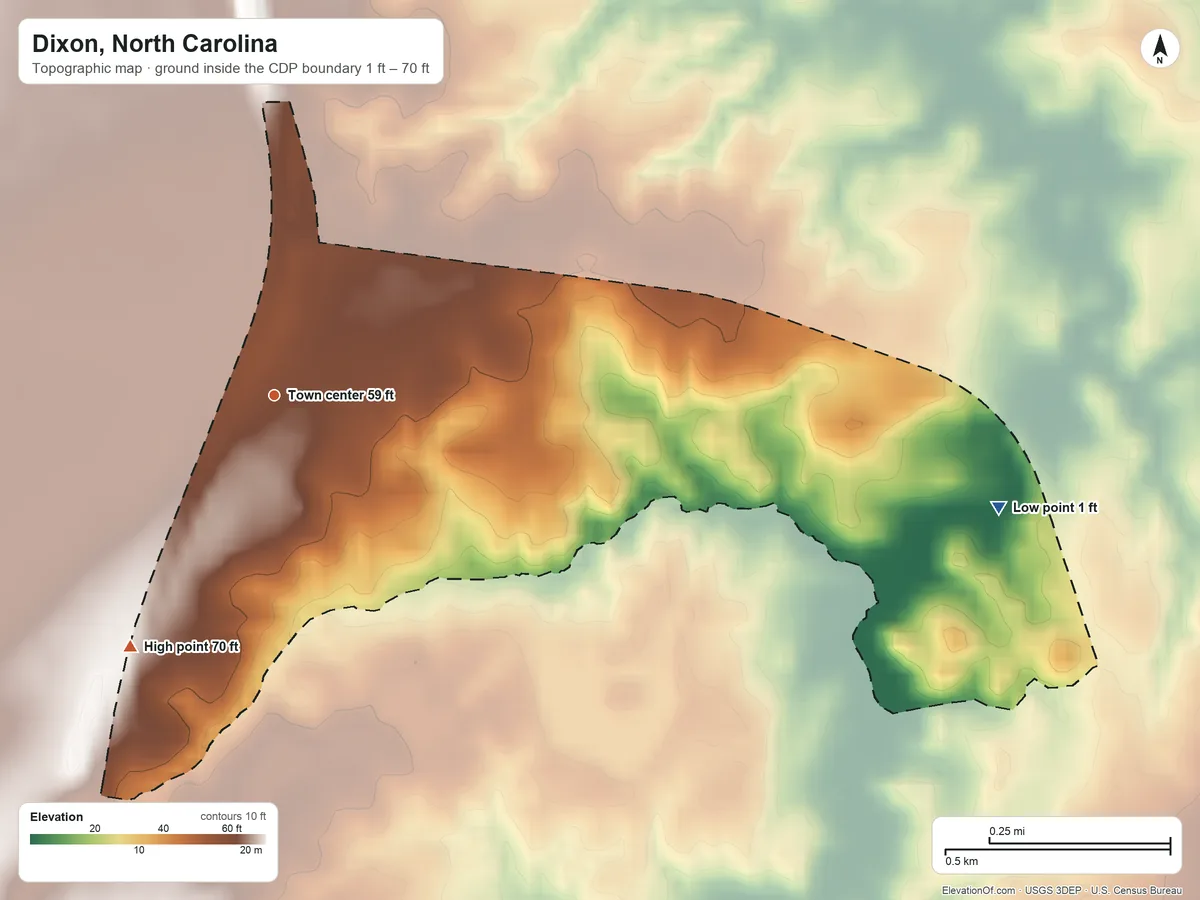 Topographic elevation map of Dixon, North Carolina, shaded from 1 ft on the east side to 70 ft on the southwest side