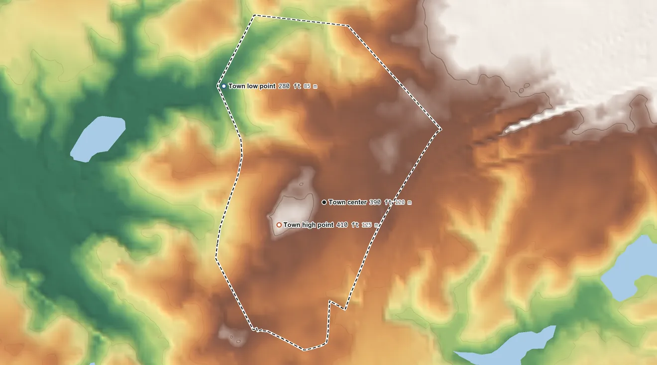 Topographic elevation map of Dobbins Heights, North Carolina, shaded from 280 ft on the northwest side to 410 ft on the southwest side