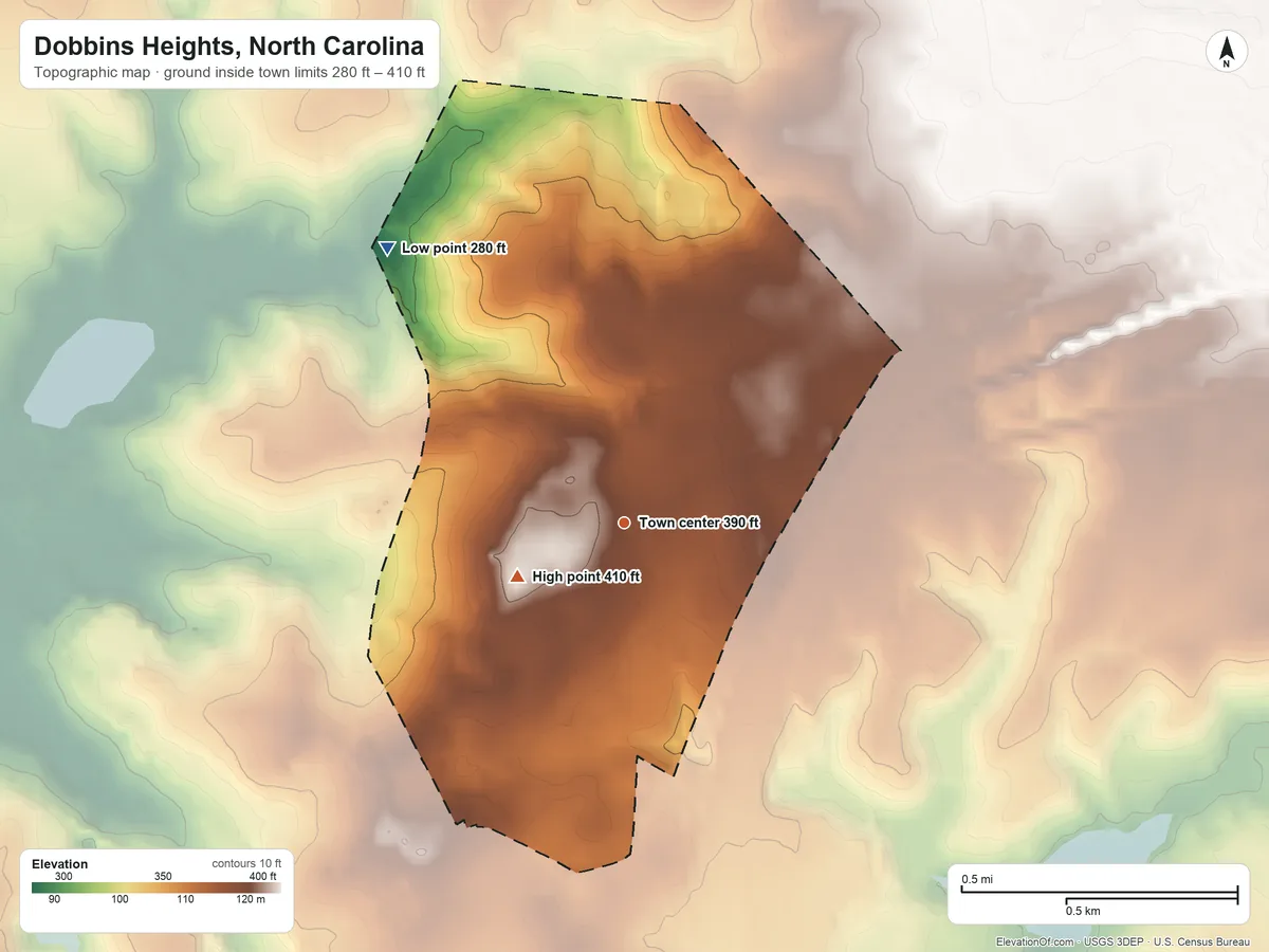 Topographic elevation map of Dobbins Heights, North Carolina, shaded from 280 ft on the northwest side to 410 ft on the southwest side