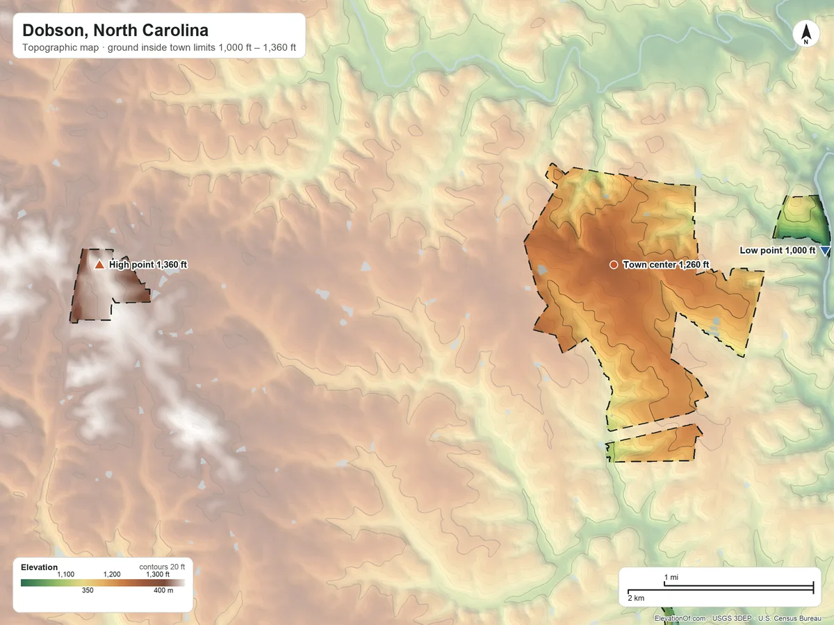 Topographic elevation map of Dobson, North Carolina, shaded from 1,000 ft on the east side to 1,360 ft on the west side