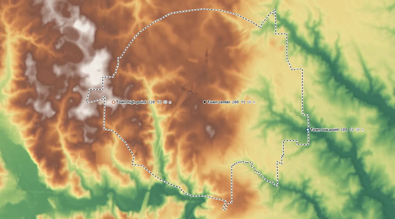 Topographic elevation map of Dortches, North Carolina, shaded from 100 ft on the east side to 220 ft on the west side