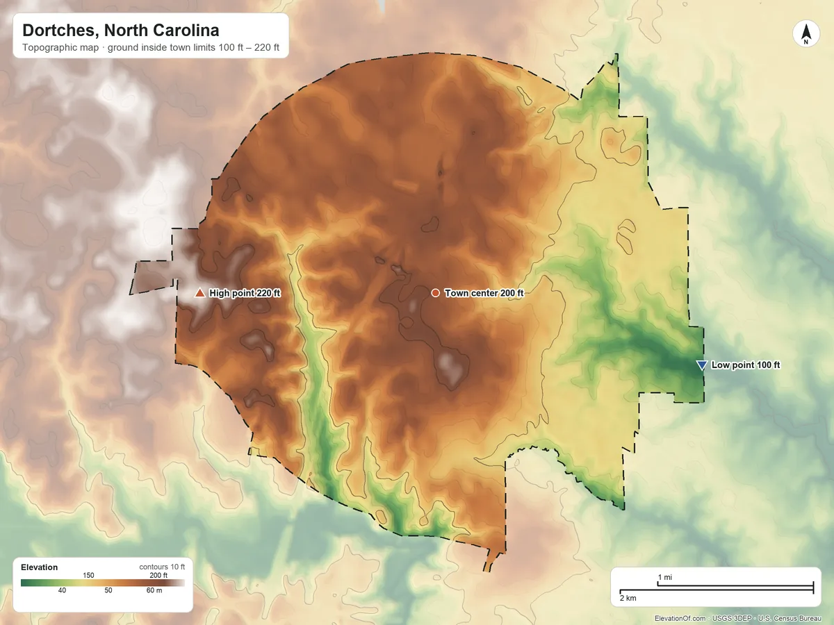 Topographic elevation map of Dortches, North Carolina, shaded from 100 ft on the east side to 220 ft on the west side