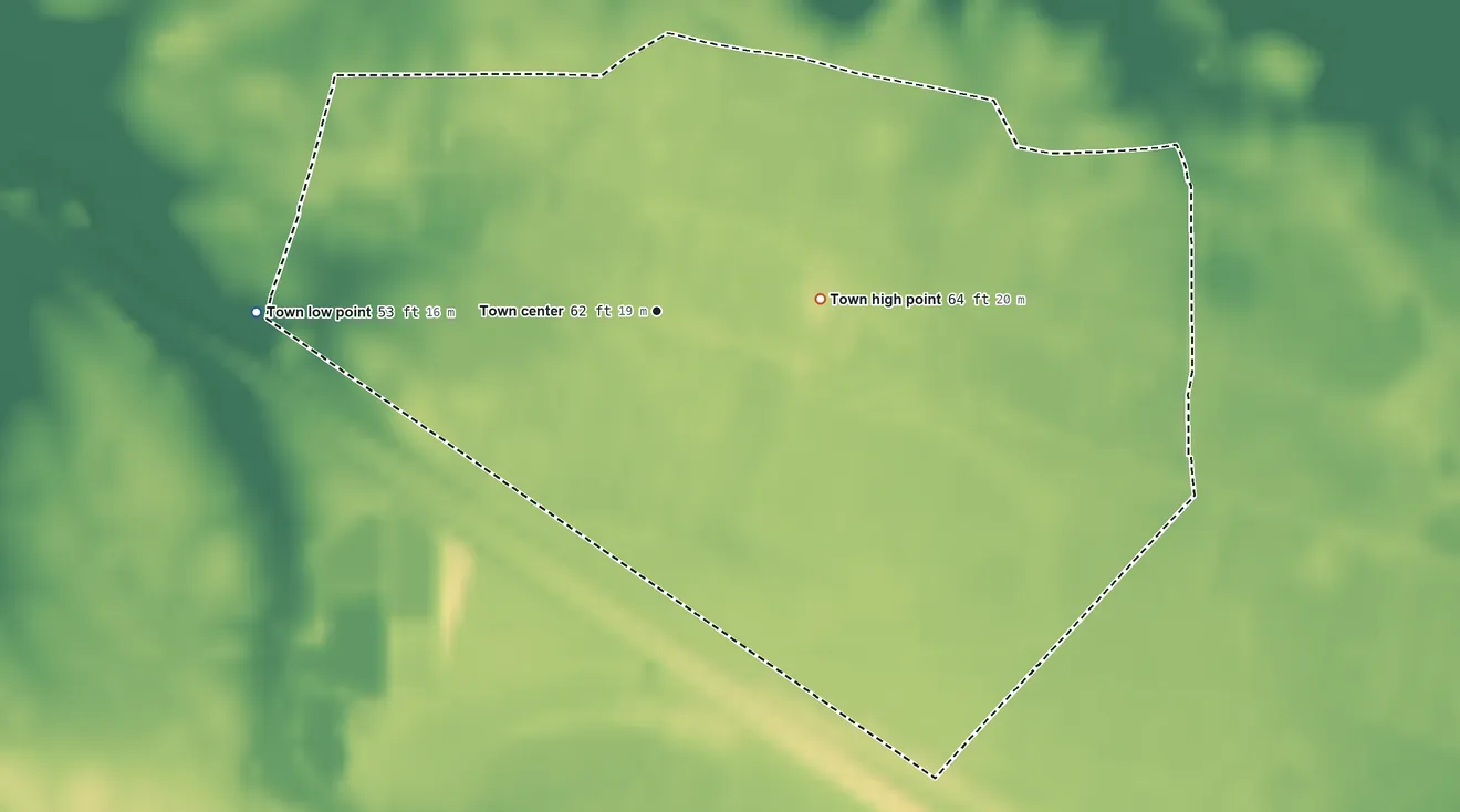 Topographic elevation map of Dover, North Carolina, shaded from 53 ft on the west side to 64 ft on the east side
