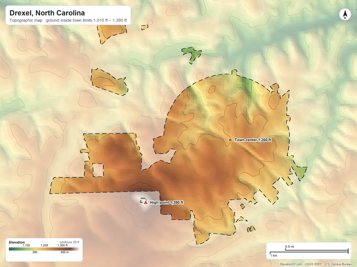 Topographic elevation map of Drexel, North Carolina, shaded from 1,010 ft on the northeast side to 1,390 ft at the foot of the Montague Hills