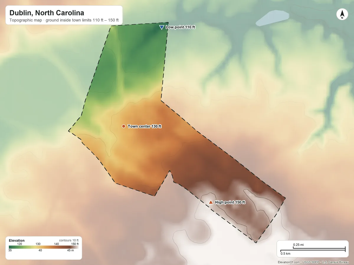 Topographic elevation map of Dublin, North Carolina, shaded from 110 ft on the north side to 150 ft on the southeast side
