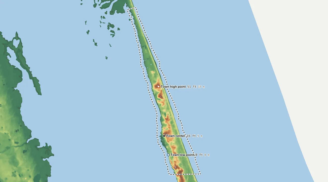 Topographic elevation map of Duck, North Carolina, shaded from sea level level on Currituck Sound to 51 ft on the north side