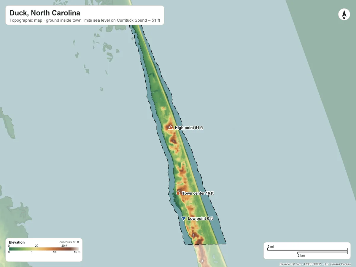 Topographic elevation map of Duck, North Carolina, shaded from sea level level on Currituck Sound to 51 ft on the north side
