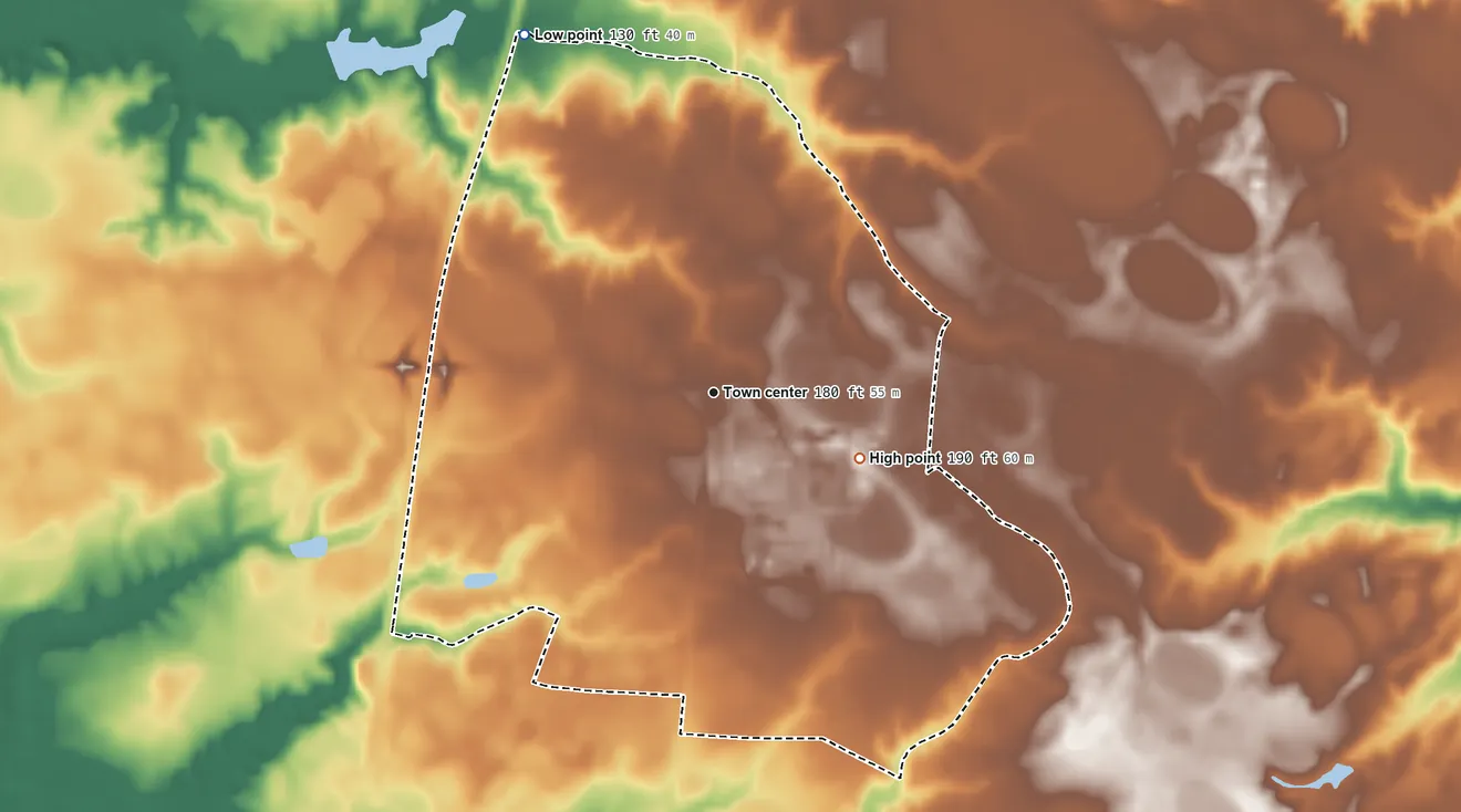 Topographic elevation map of Dudley, North Carolina, shaded from 130 ft on the northwest side to 190 ft on the southeast side