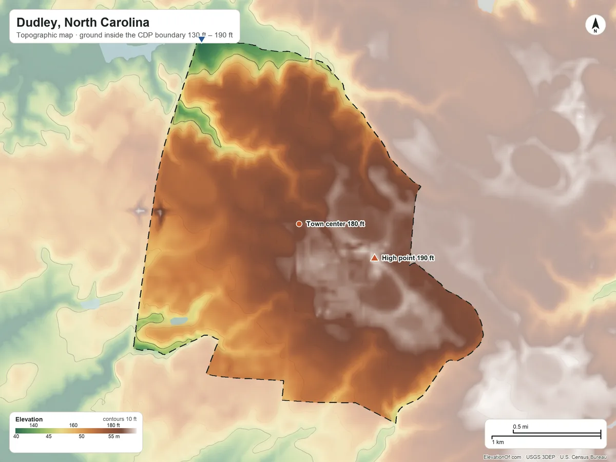 Topographic elevation map of Dudley, North Carolina, shaded from 130 ft on the northwest side to 190 ft on the southeast side