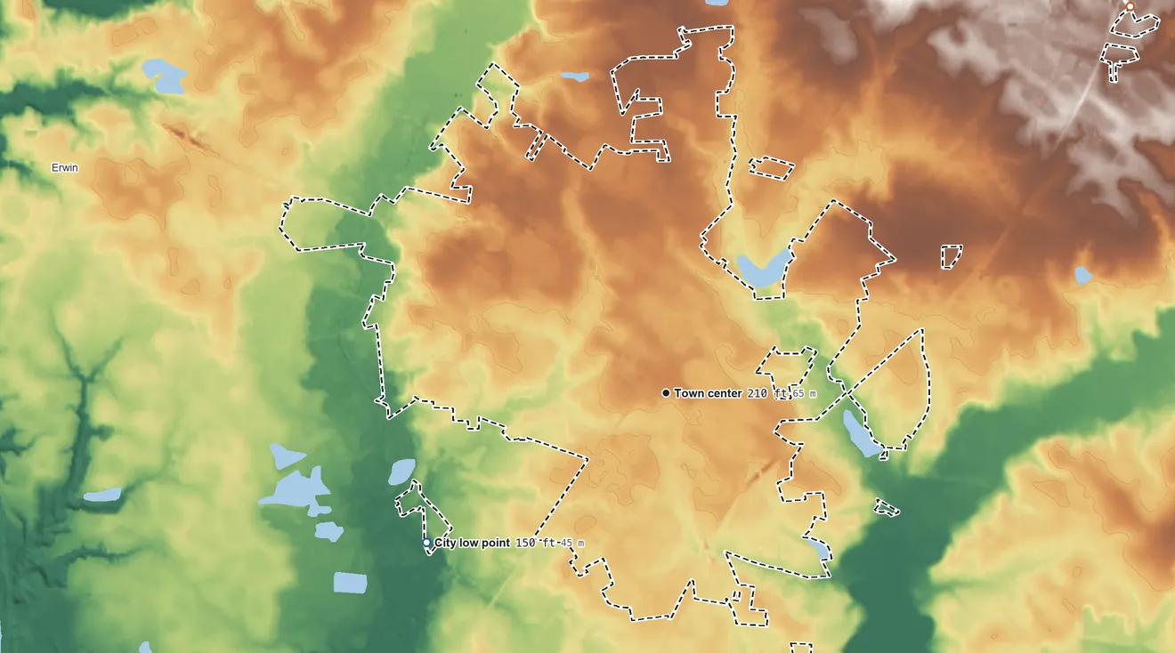 Topographic elevation map of Dunn, North Carolina, shaded from 150 ft on the southwest side to 250 ft on the northeast side