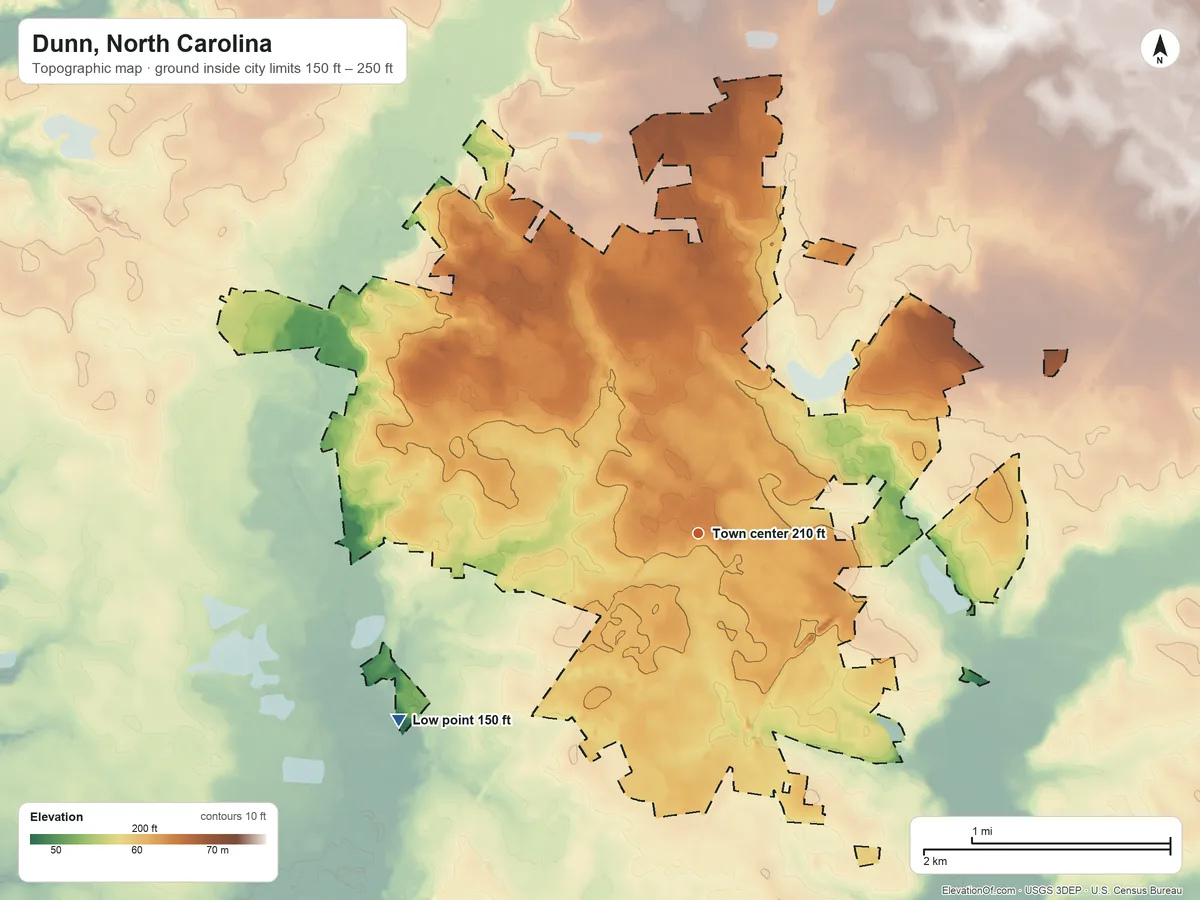 Topographic elevation map of Dunn, North Carolina, shaded from 150 ft on the southwest side to 250 ft on the northeast side