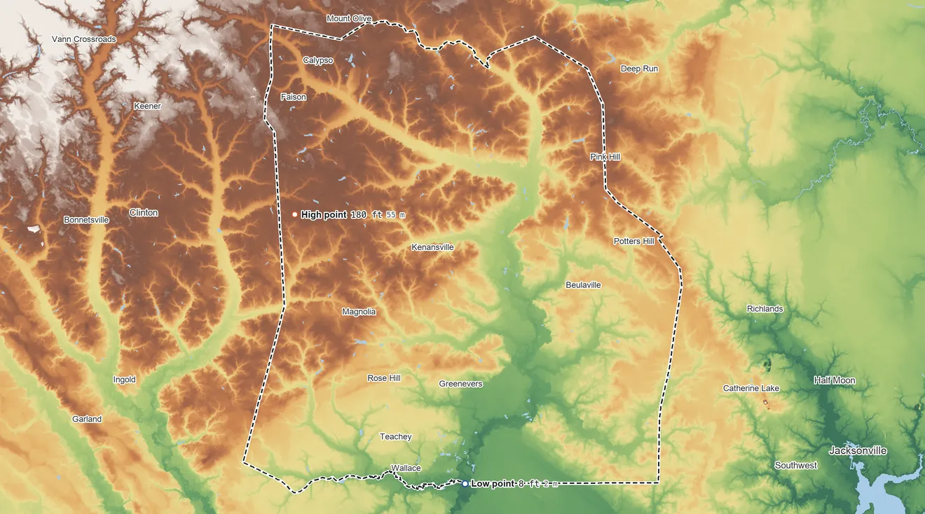 Topographic elevation map of Duplin County, North Carolina, shaded from 8 ft on the south side to 180 ft on the west side