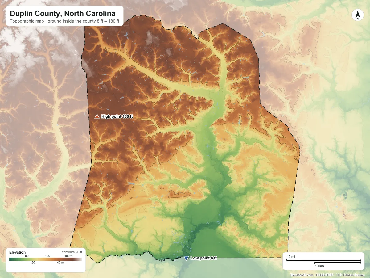 Topographic elevation map of Duplin County, North Carolina, shaded from 8 ft on the south side to 180 ft on the west side