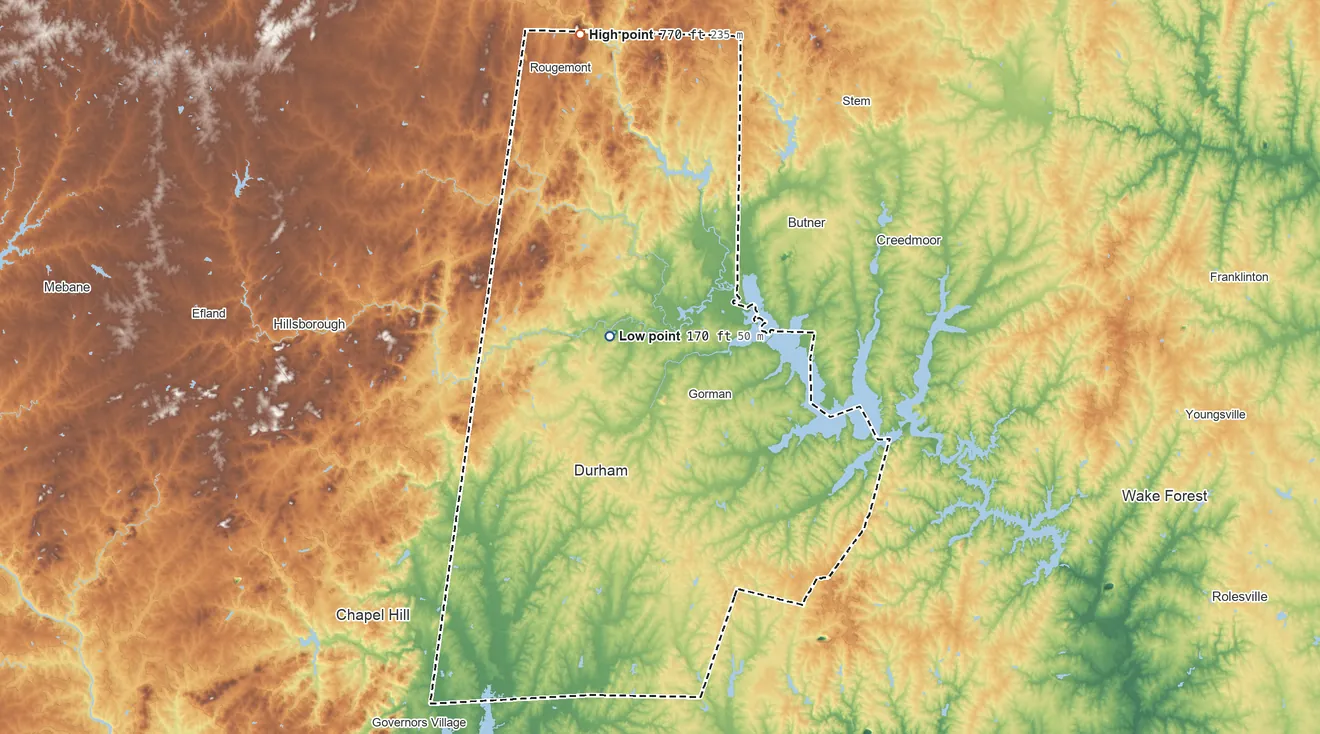 Topographic elevation map of Durham County, North Carolina, shaded from 170 ft near the middle to 770 ft on the north side