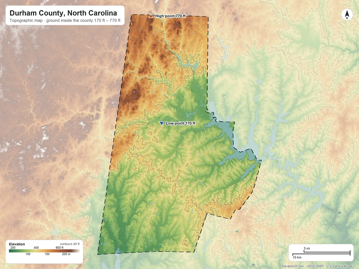Topographic elevation map of Durham County, North Carolina, shaded from 170 ft near the middle to 770 ft on the north side
