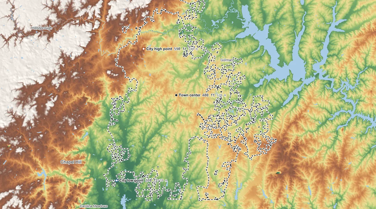 Topographic elevation map of Durham, North Carolina, shaded from 220 ft on the southwest side to 590 ft on the northwest side