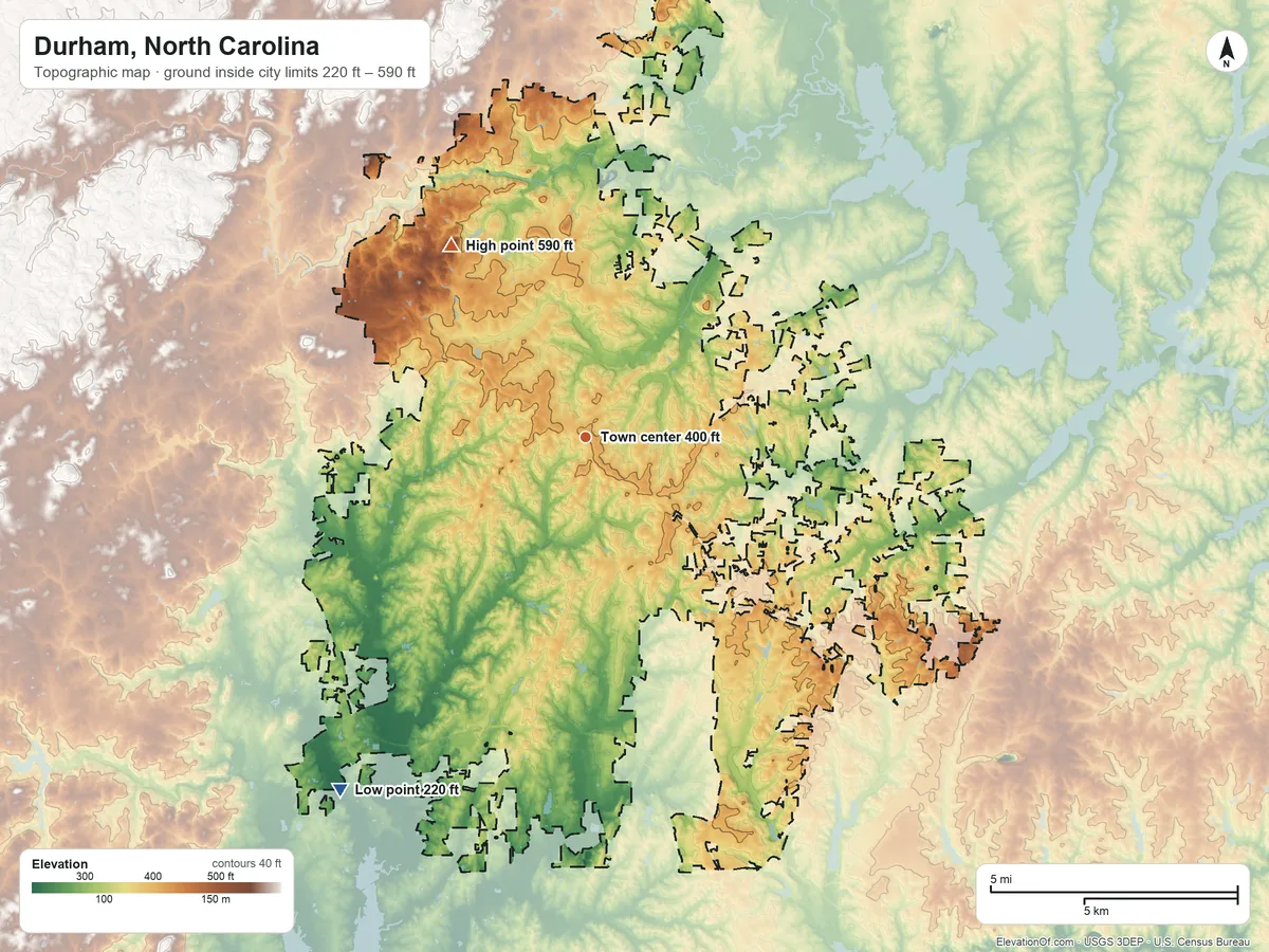 Topographic elevation map of Durham, North Carolina, shaded from 220 ft on the southwest side to 590 ft on the northwest side