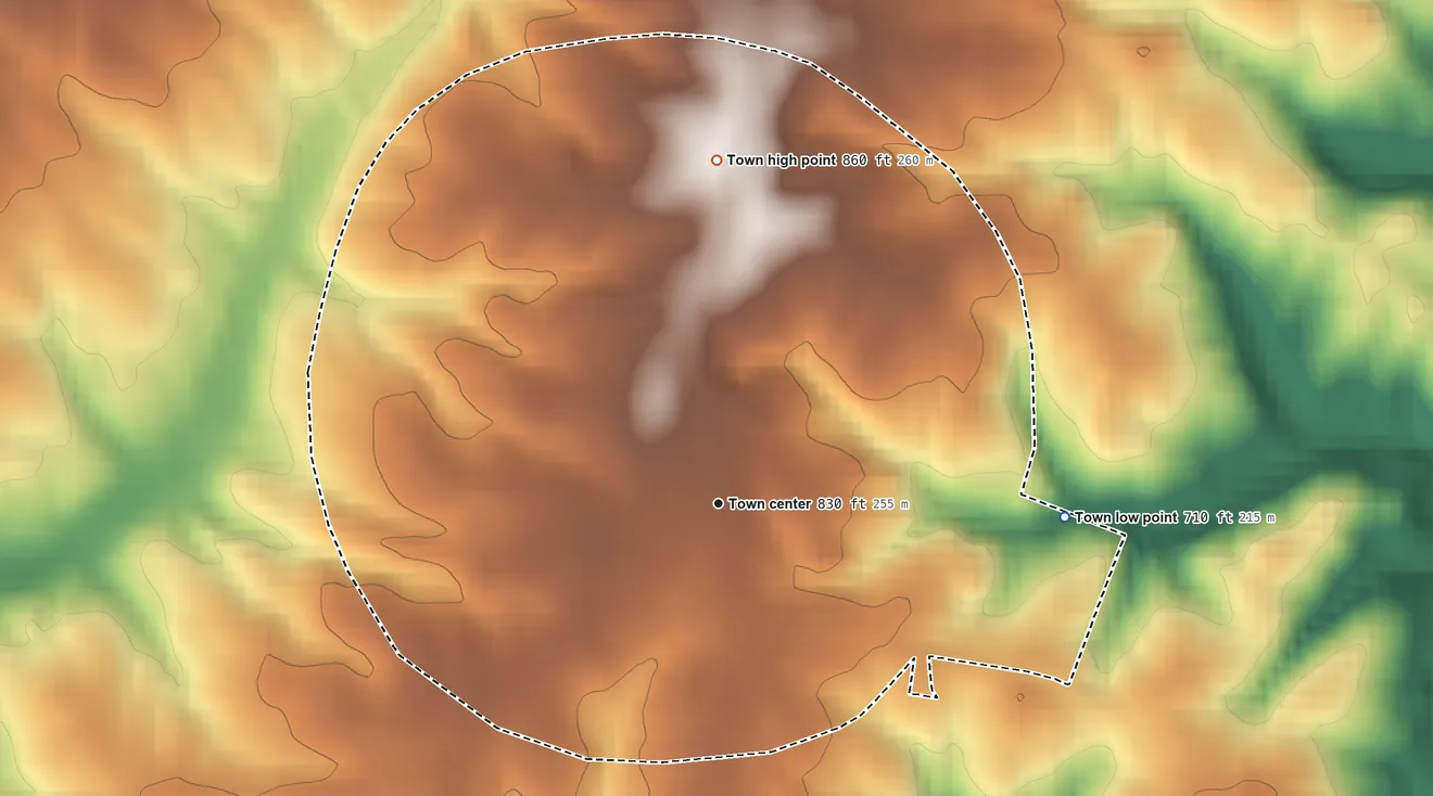 Topographic elevation map of Earl, North Carolina, shaded from 710 ft on the east side to 860 ft on the north side