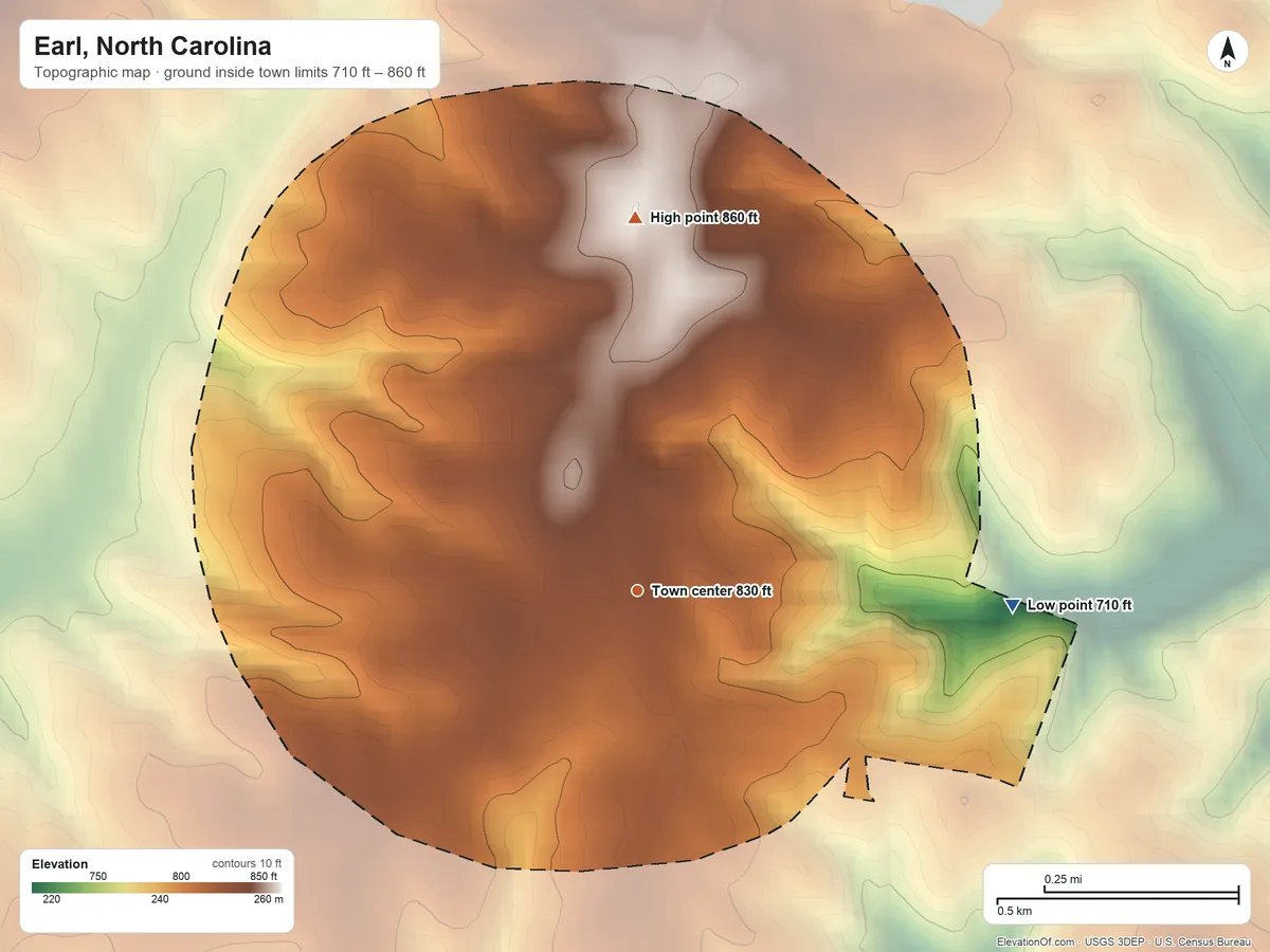 Topographic elevation map of Earl, North Carolina, shaded from 710 ft on the east side to 860 ft on the north side