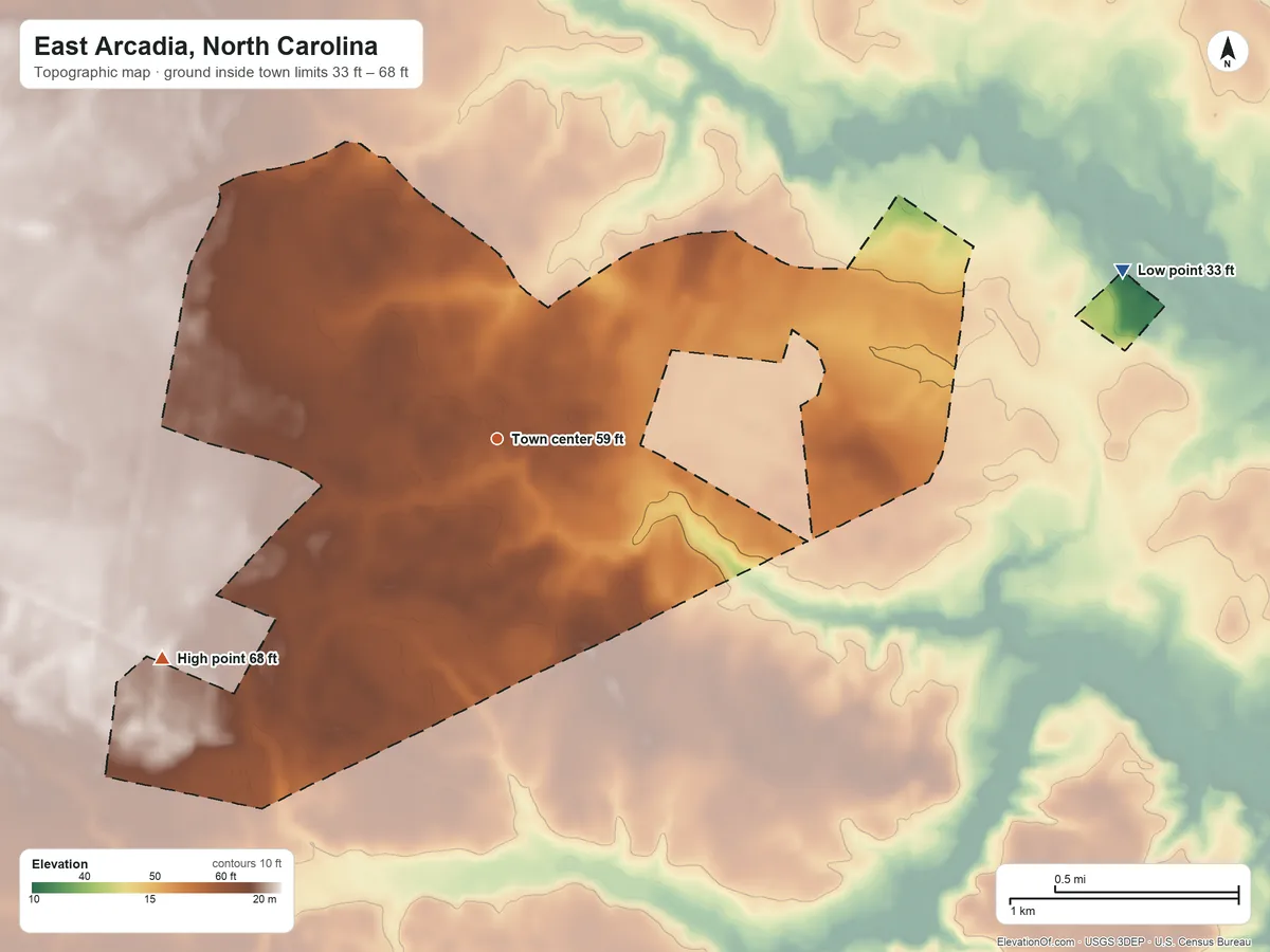 Topographic elevation map of East Arcadia, North Carolina, shaded from 33 ft on the east side to 68 ft on the southwest side