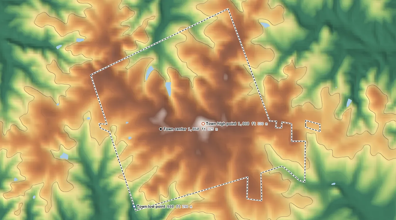 Topographic elevation map of East Bend, North Carolina, shaded from 940 ft on the south side to 1,080 ft on the east side