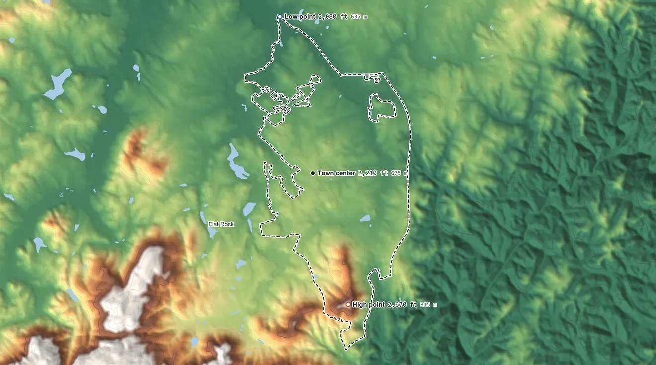 Topographic elevation map of East Flat Rock, North Carolina, shaded from 2,080 ft on the north side to 2,670 ft on Butt Mountain
