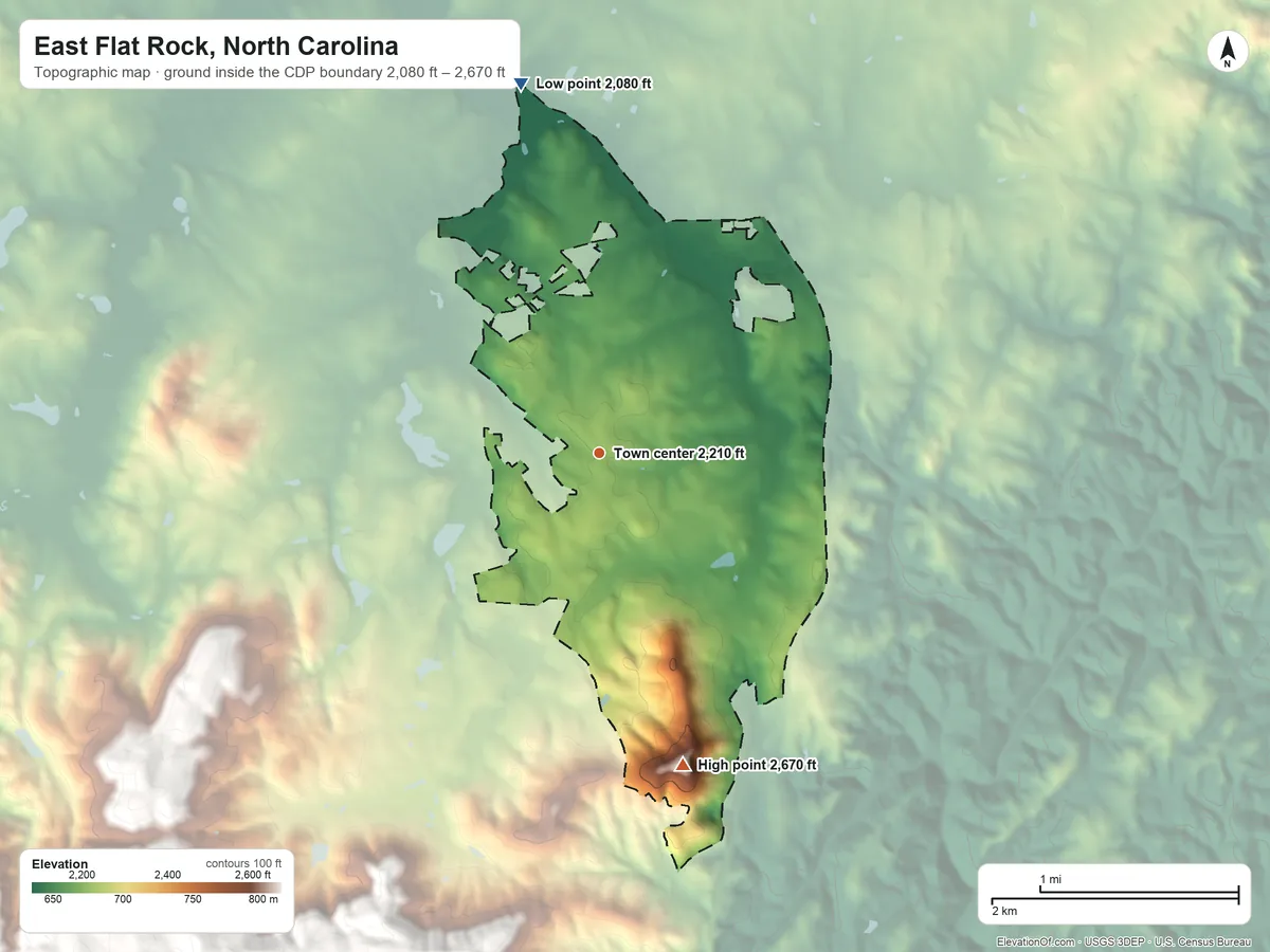Topographic elevation map of East Flat Rock, North Carolina, shaded from 2,080 ft on the north side to 2,670 ft on Butt Mountain