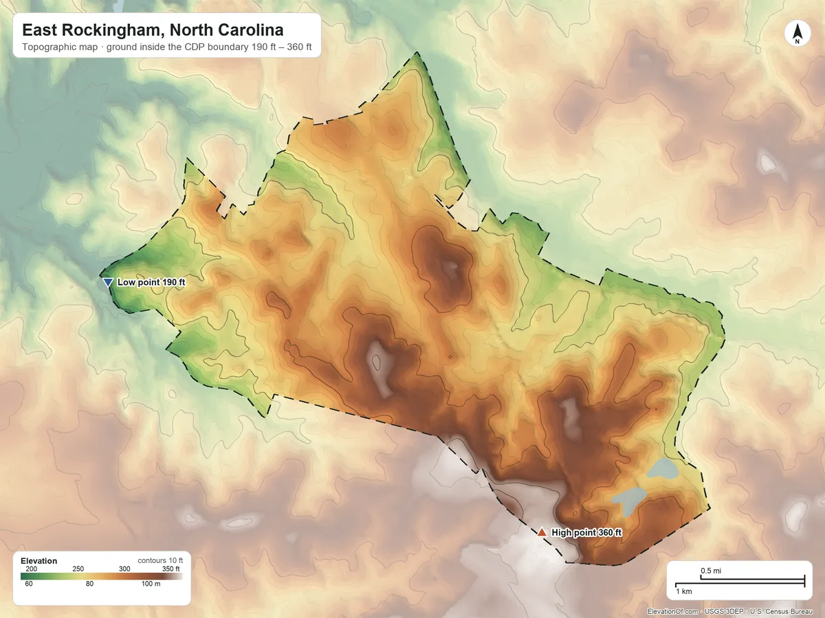 Topographic elevation map of East Rockingham, North Carolina, shaded from 190 ft on the west side to 360 ft on the southeast side