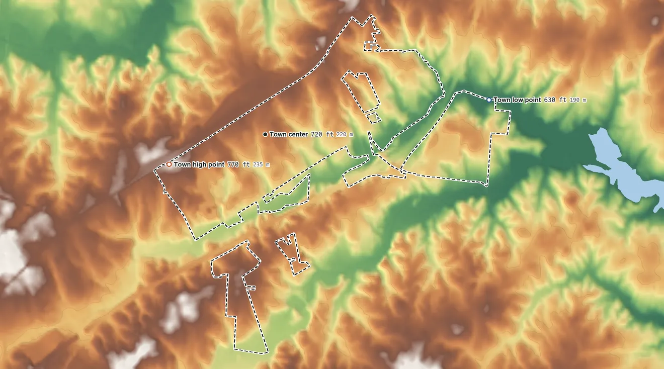Topographic elevation map of East Spencer, North Carolina, shaded from 630 ft on the east side to 770 ft on the west side