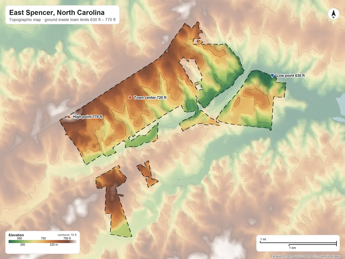 Topographic elevation map of East Spencer, North Carolina, shaded from 630 ft on the east side to 770 ft on the west side