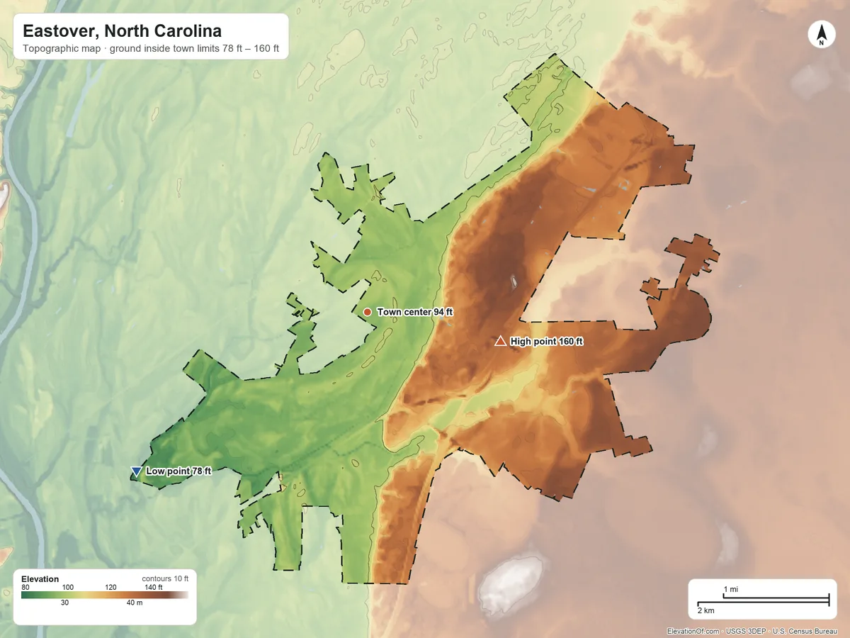 Topographic elevation map of Eastover, North Carolina, shaded from 78 ft on the southwest side to 160 ft on the east side