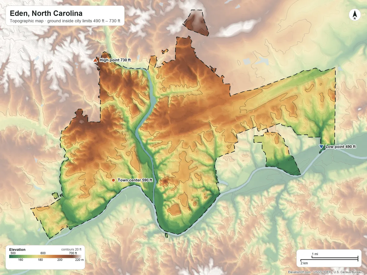 Topographic elevation map of Eden, North Carolina, shaded from 490 ft on the east side to 730 ft on the north side
