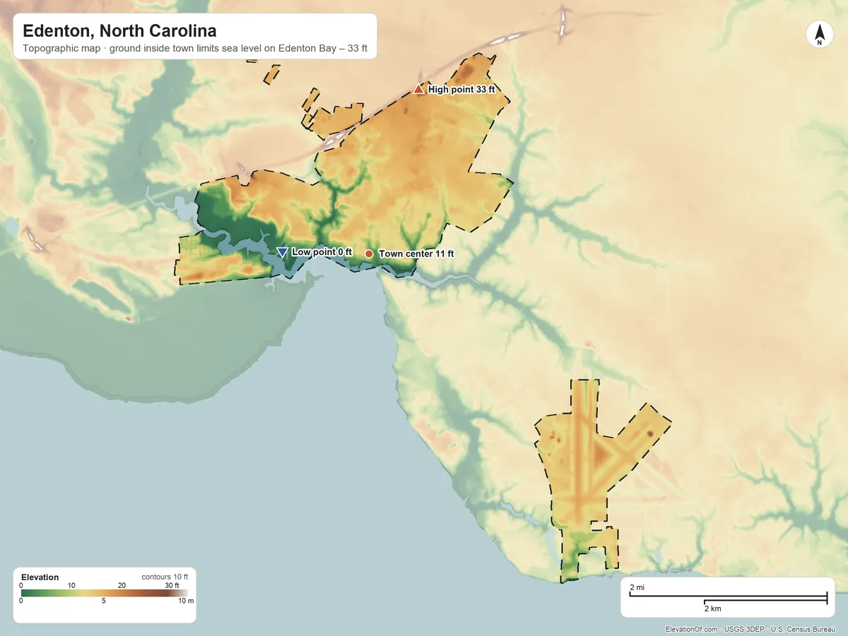 Topographic elevation map of Edenton, North Carolina, shaded from sea level level on Edenton Bay to 33 ft on the north side