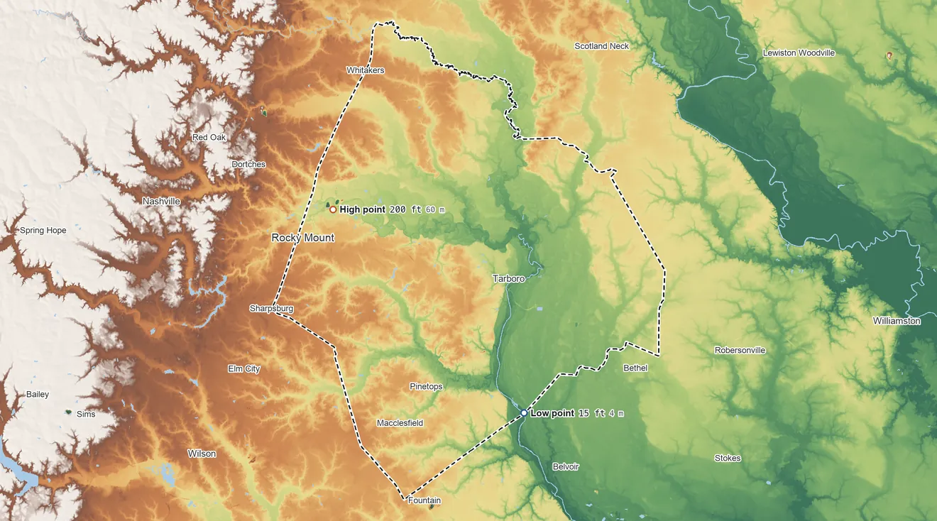 Topographic elevation map of Edgecombe County, North Carolina, shaded from 15 ft on the south side to 200 ft on the west side