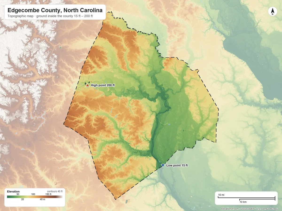 Topographic elevation map of Edgecombe County, North Carolina, shaded from 15 ft on the south side to 200 ft on the west side