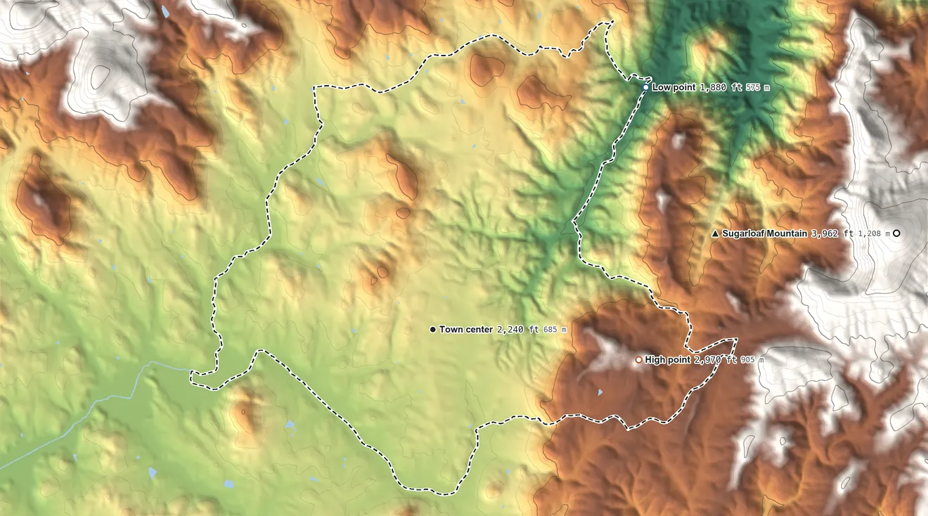Topographic elevation map of Edneyville, North Carolina, shaded from 1,880 ft on the northeast side to 2,970 ft on Point Lookout Mountain