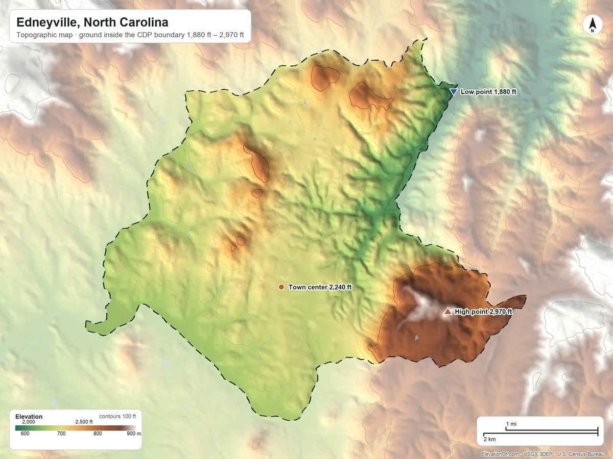 Topographic elevation map of Edneyville, North Carolina, shaded from 1,880 ft on the northeast side to 2,970 ft on Point Lookout Mountain