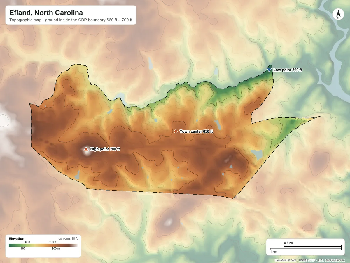 Topographic elevation map of Efland, North Carolina, shaded from 560 ft on the northeast side to 700 ft on the west side