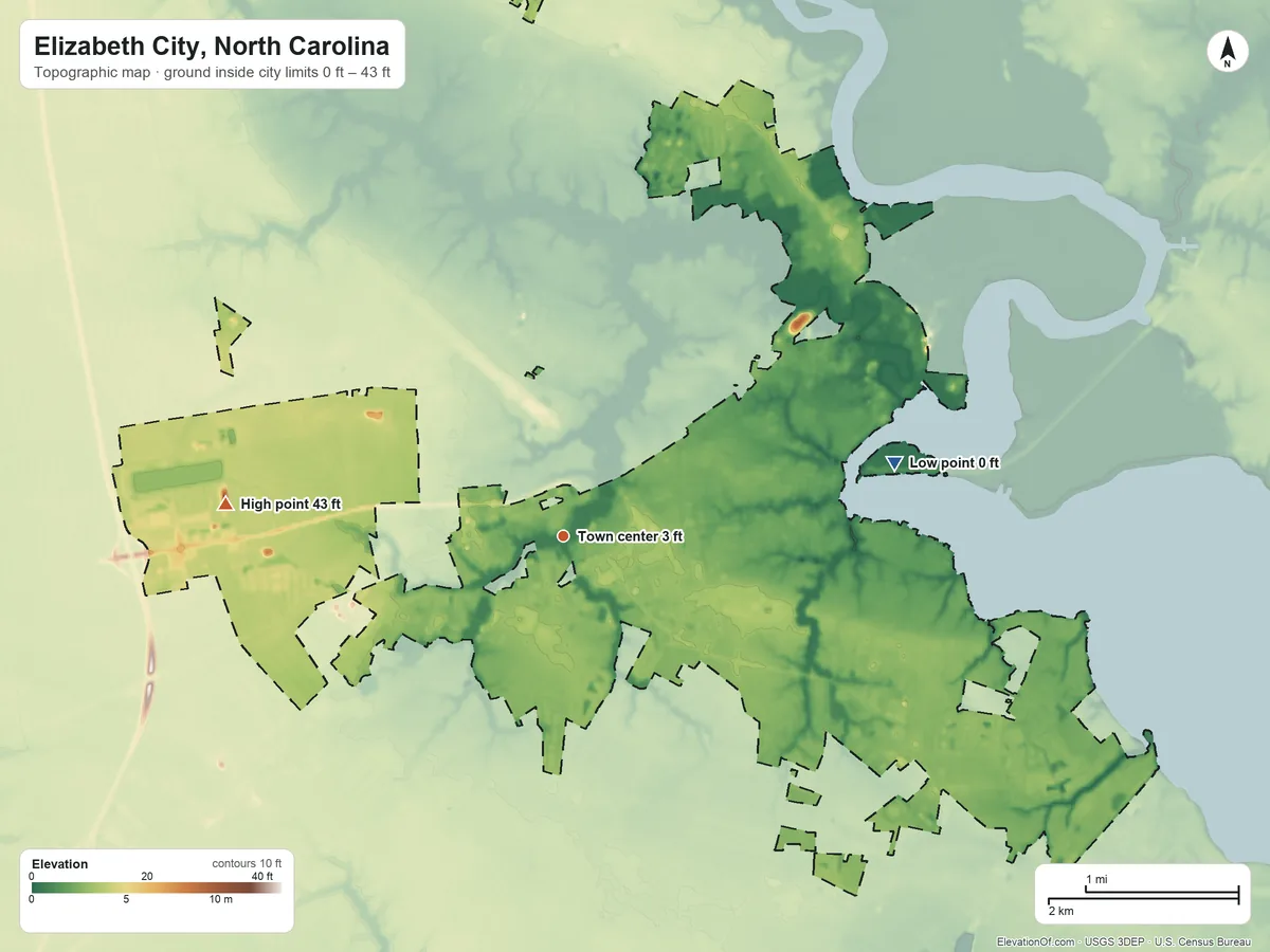 Topographic elevation map of Elizabeth City, North Carolina, shaded from 0 ft on the east side to 43 ft on the west side