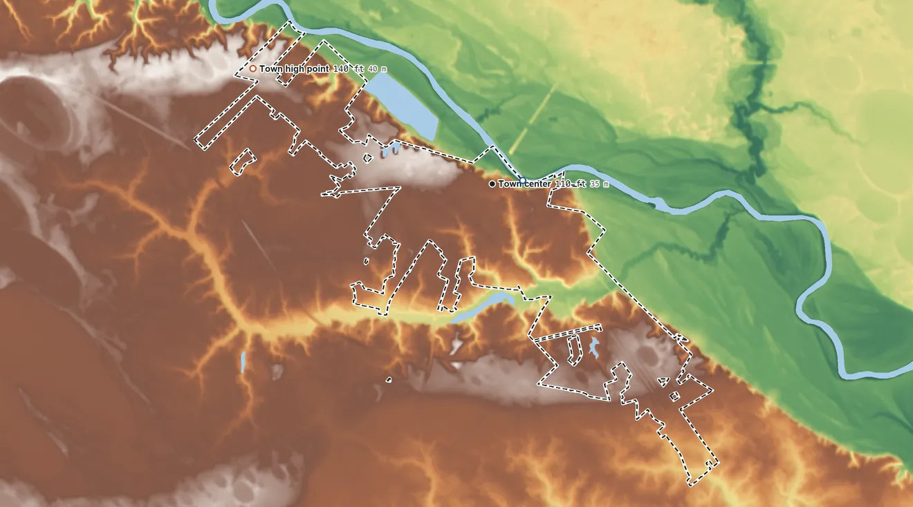 Topographic elevation map of Elizabethtown, North Carolina, shaded from 20 ft near the middle to 140 ft on the northwest side